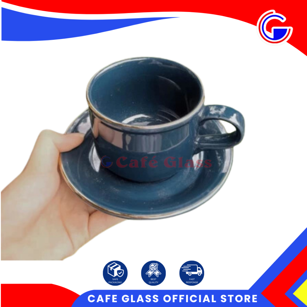 (6Pcs) Cangkir Keramik Minimalist Dengan Lepek / Cangkir Kopi Teh Tahan Panas Elegan / Cangkir Biru Hijau Abu-Abu Untuk Cafe Hotel Resto / Set Mug And Saucer Sango