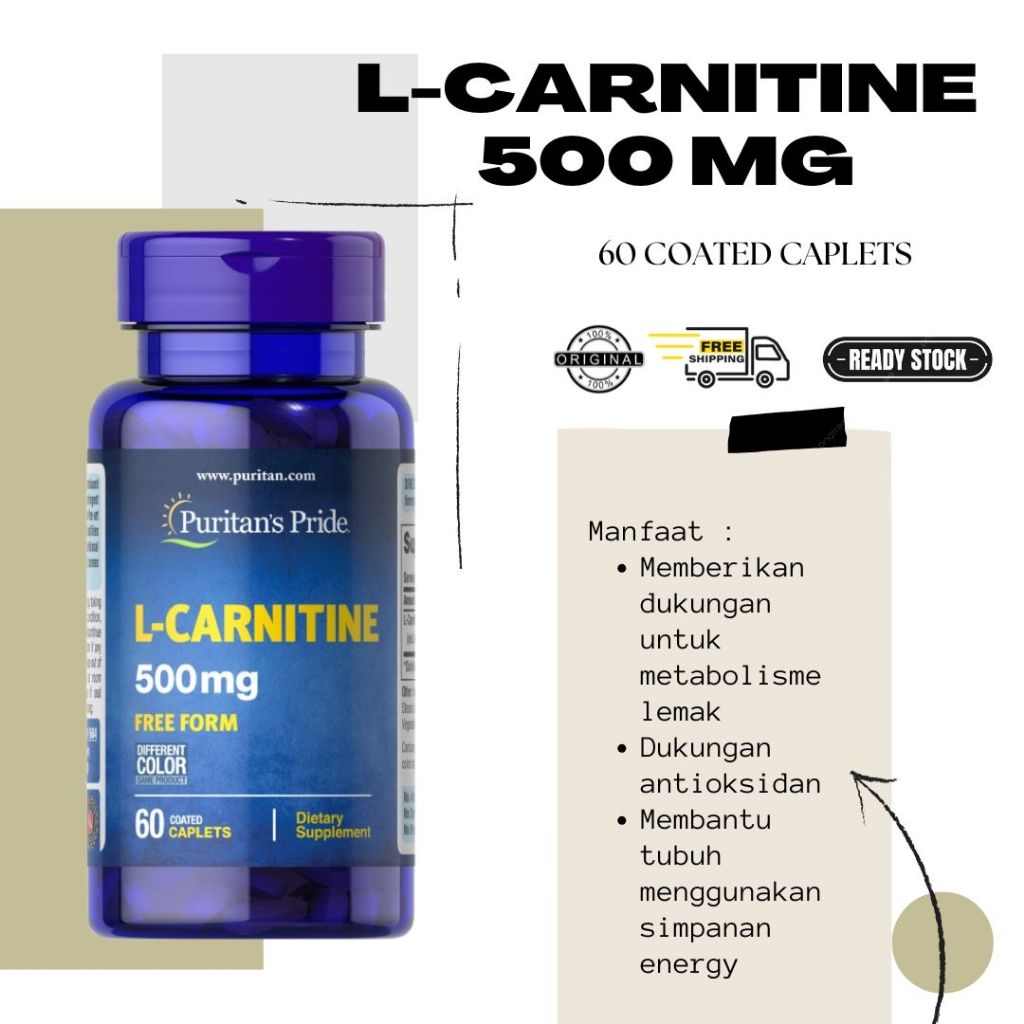 Jual Puritan's Pride L-Carnitine 500 mg 60 Caplets untuk Metabolisme Lemak  dan Antioksidan | Shopee Indonesia