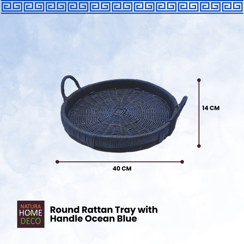 Jual Round Rattan Tray with Handle Ocean Blue | Shopee Indonesia