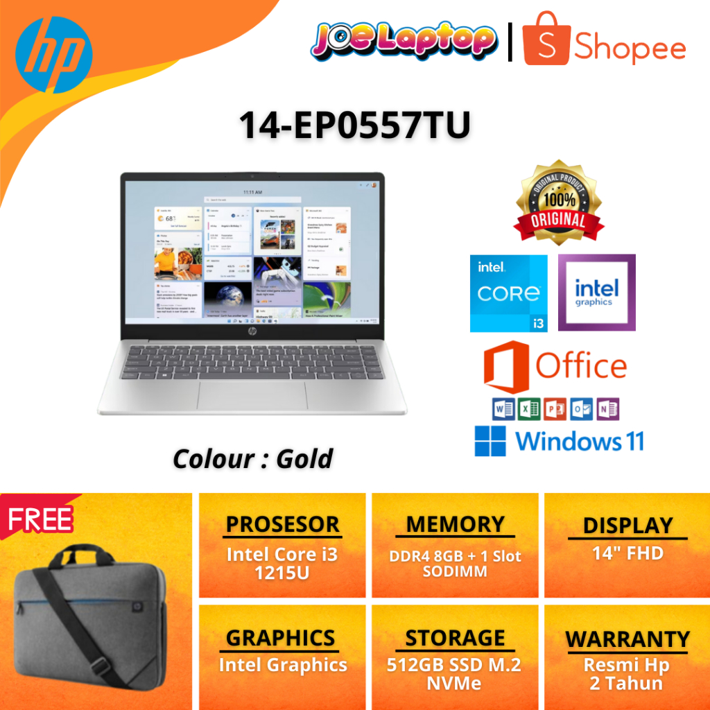 Jual HP 14-EP0557TU Gold i3 1215U Win11 OHS | Shopee Indonesia