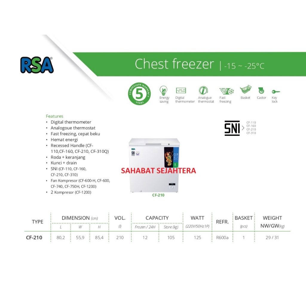 Jual RSA Chest Freezer CF-210 Freezer Box Kap 210Liter | Shopee Indonesia