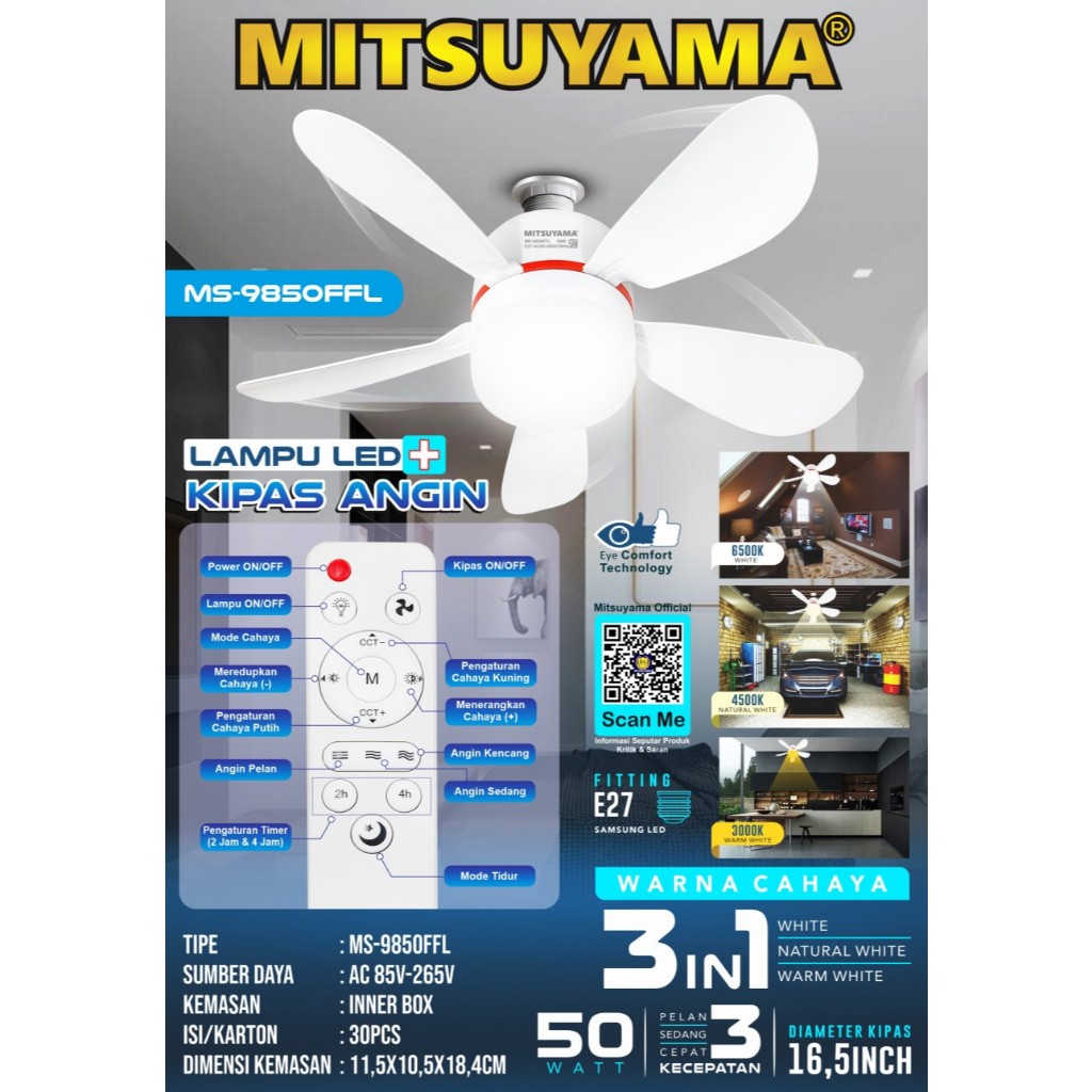 Jual lampu Kipas Angin + Lampu LED + remote Mitsuyama 50W MS-9850FFL ...