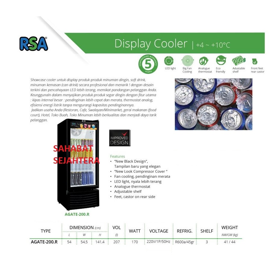 Jual RSA Showcase Display Cooler AGATE-200-R 1 Pintu 3 Rak Kapasitas ...