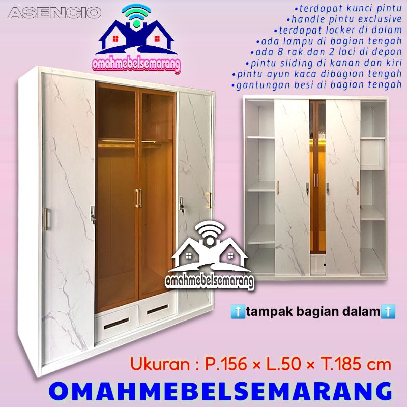 Jual Lemari Pakaian Pintu Sliding Geser Besi Lampu Acensio Marble Wardrobe With Led