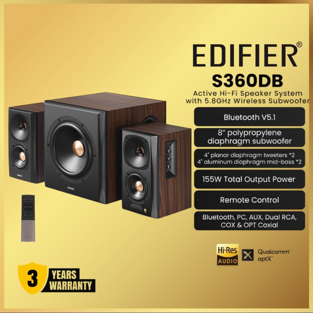 Edifier S360DB 2.1 – Sistema Audio Potente Con Subwoofer Da 8", Tweeter A Cupola In Titanio E Bluetooth AptX