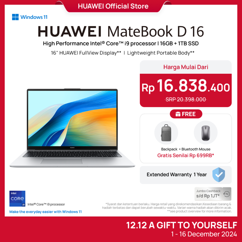 Jual [TURUN HARGA] HUAWEI MateBook D 16 Laptop | 16GB + 1TB | Up to Intel®  Core™ i9-13900H | 70Wh Battery | Shopee Indonesia