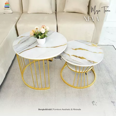 Aesthetic Round Coffee Table Set of 2 - MEJA NEVA - Modern Nesting Table Multiplek Marble