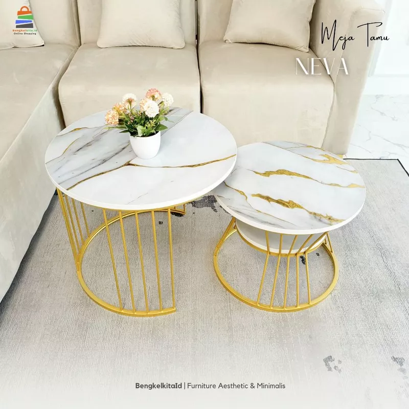 Aesthetic Round Coffee Table Set of 2 - MEJA NEVA - Modern Nesting Table Multiplek Marble