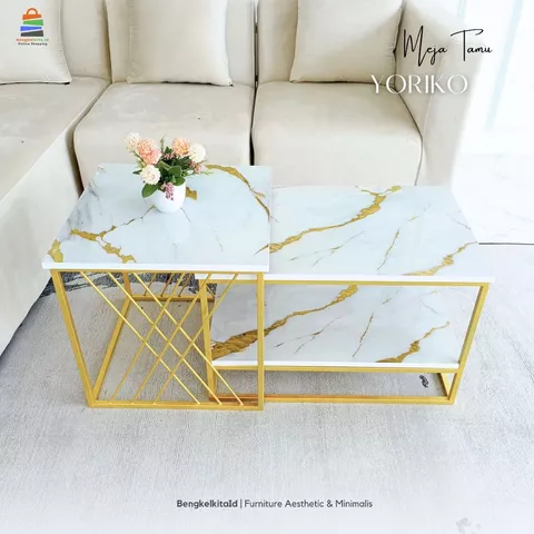 Meja Tamu Aesthetic Meja Kotak Set 2in1 - MEJA YORIKO - Minimalis Sofa Besi Holo Cat Duco