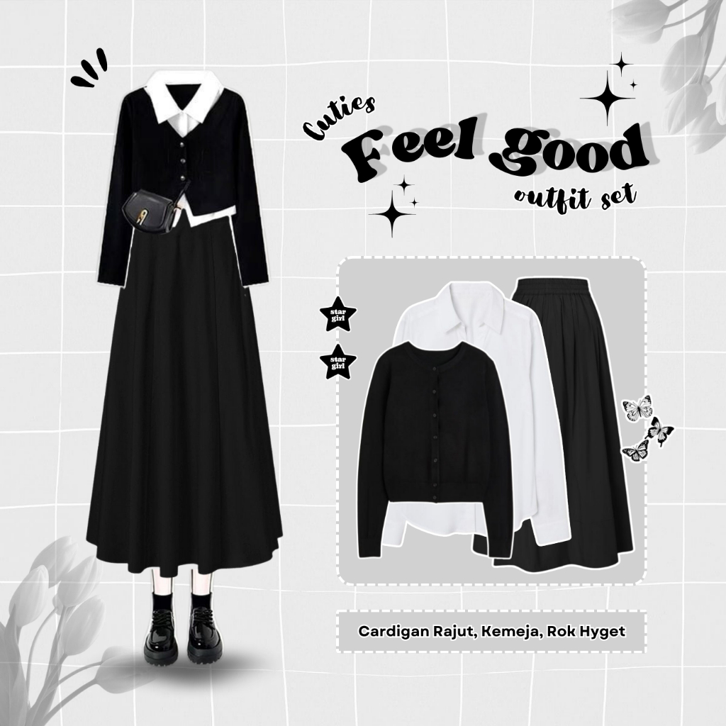 Jual Outfit Wanita Kekinian Set OOTD ( Cardigan Rajut, Kemeja, Rok ...