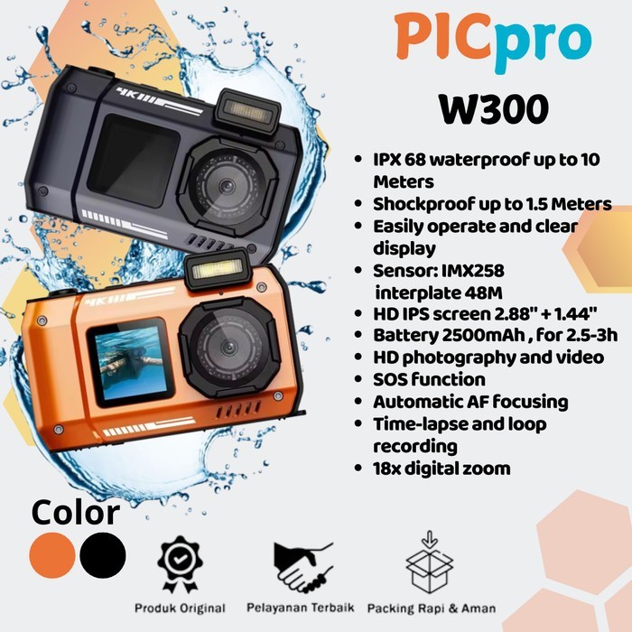 Jual PICpro W300 IP68 Shockproof Camera 4K 48MP Dual Screens Outdoor ...