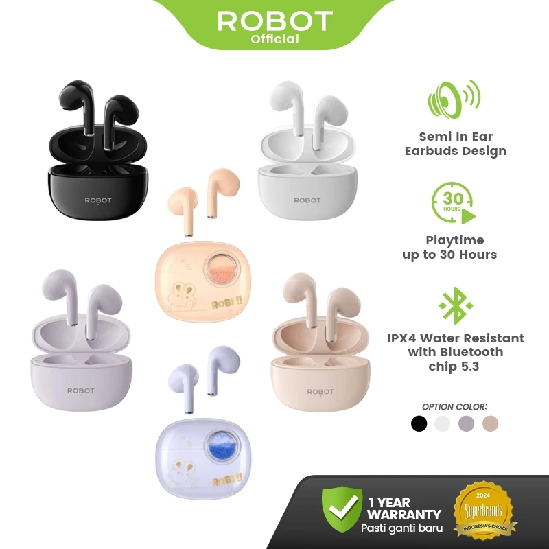 ROBOT TWS Flybuds T10S Semi In Ear Wireless Earbuds Bluetooth 5.3 IPX4 Waterproof Original - Garansi 1 Tahun