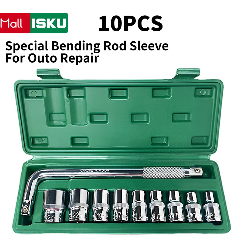 ISKU Mata kunci sok set 10Pcs Termasuk 9pcs 8-24mm 1/2 inch 6PT Mata Sock Set  Gagang Sock L/Kunci Set Kunci Mata Shock TOOL KIT