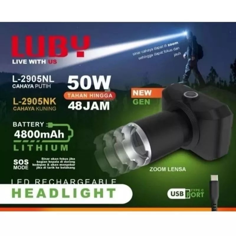 Jual Senter Kepala Zoom LUBY 50 Watt Head Lamp Led Super Terang Senter ...