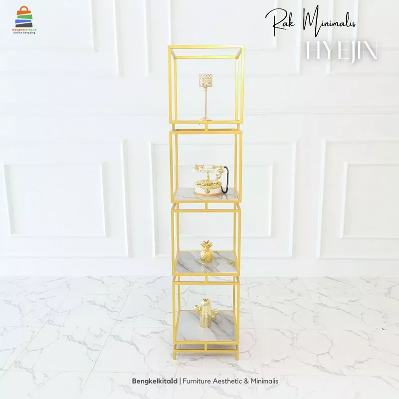 Aesthetic Display Rack Tower Shelving - RAK HYEJIN - Modern Minimalist Besi Holo Gold