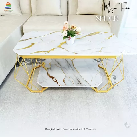 Meja Tamu Aesthetic Meja Panjang Sofa - MEJA SPIDER - Minimalis Besi Beton Holo Cat Duco