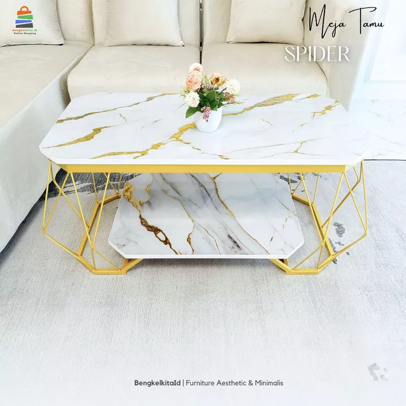 Meja Tamu Aesthetic Meja Panjang Sofa - MEJA SPIDER - Minimalis Besi Beton Holo Cat Duco