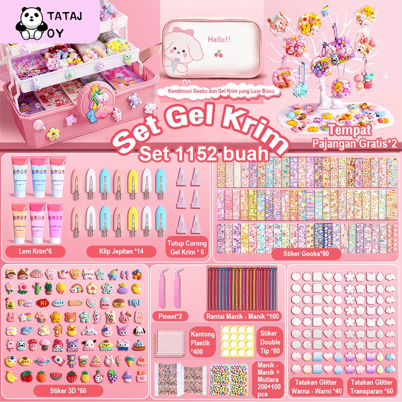 Tatajoy 1600PCS DIY Gantungan Kunci Guka Set Deluxe DIY Deco Lem Krim guka stiker Set Gooka Set DIY Keychain Set Mainan Anak Perempuan