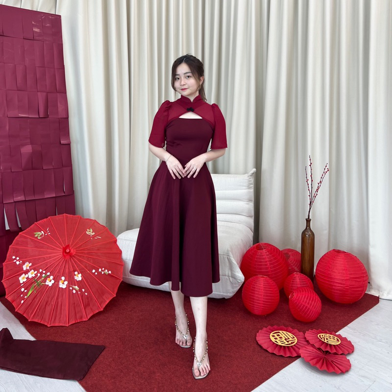 Jual ELEVENCLOTHING - Cella Midi Dress Congsam Imlek Simple Premium Ala ...
