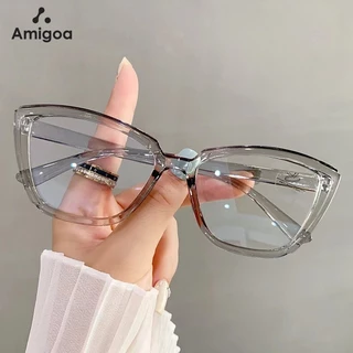AMIGOA Kacamata Anti Cahaya Biru Bingkai Besar Kacamata Sederhana Modis Kacamata Optik Mata Kucing Wanita