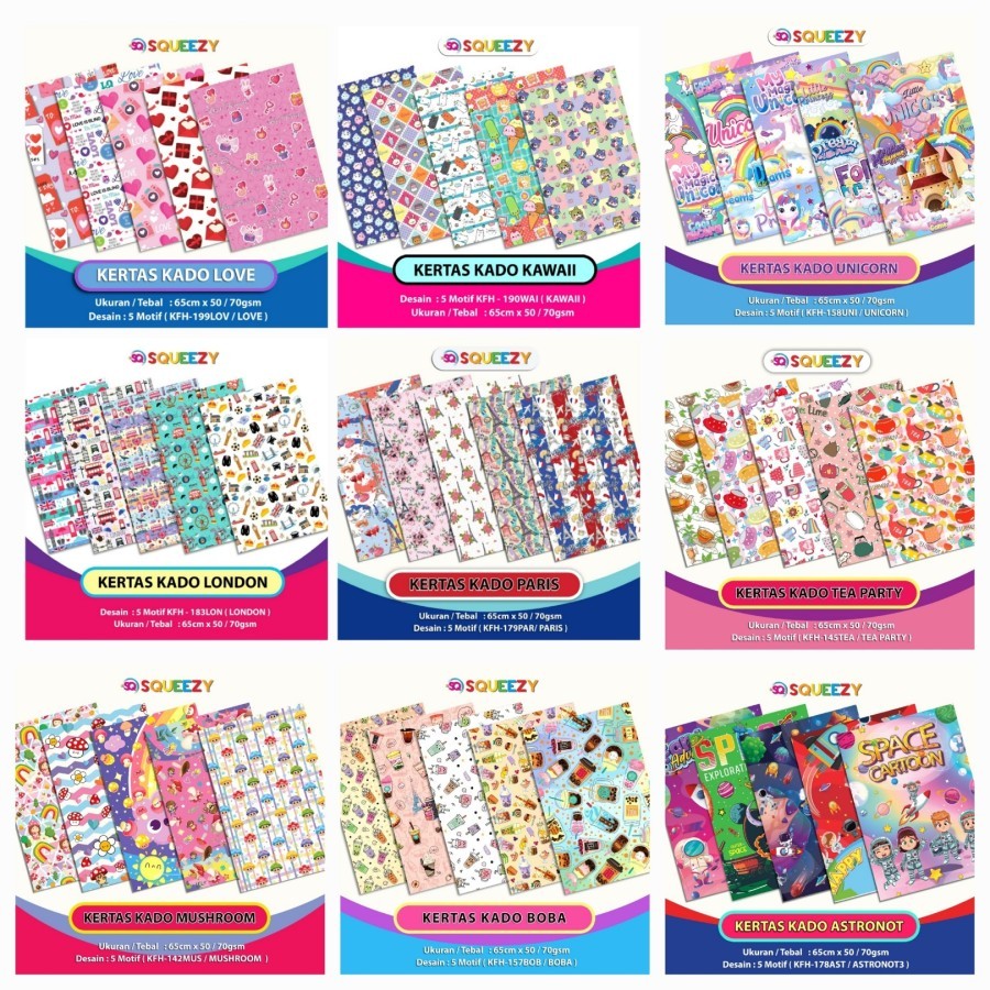 Jual 1 PAK / 50 Lbr Kertas Kado SQUEEZY Motif Fancy 50x65cm 70gsm ...