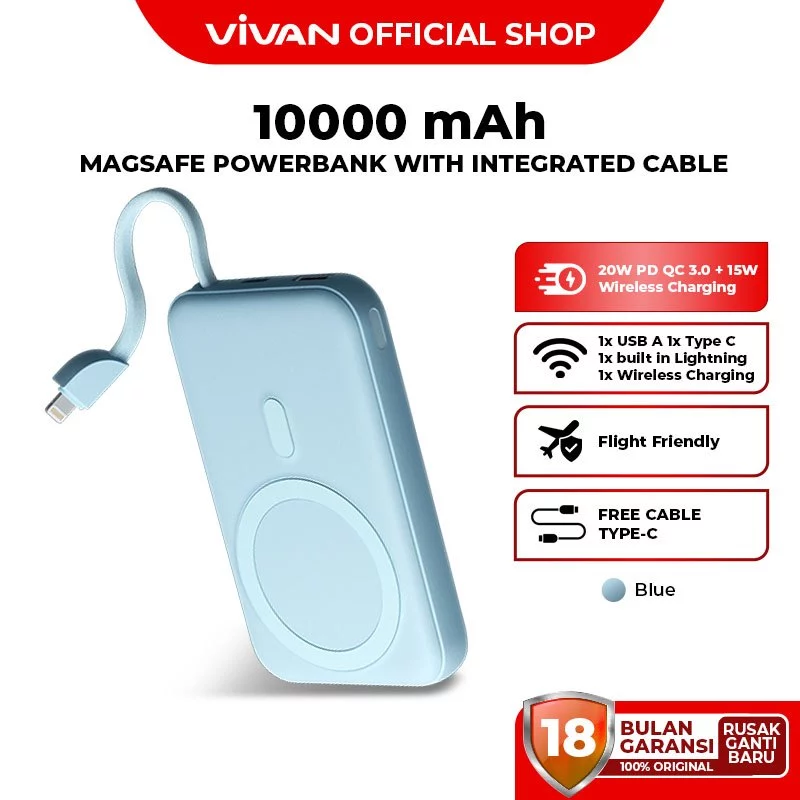 VIVAN Wireless Powerbank Series 10000 mAh W11 W13 W20 Fast Charging 20W PD QC 3.0 Garansi 18 Bulan