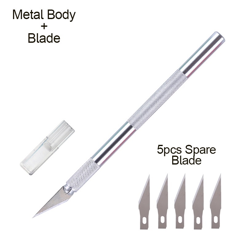 Pisau Ukir Seni isi 5 Cutter Hobby Crafting Art Knife Metal Handle Blade Pisau Bonsai Sayat Ukir Pen