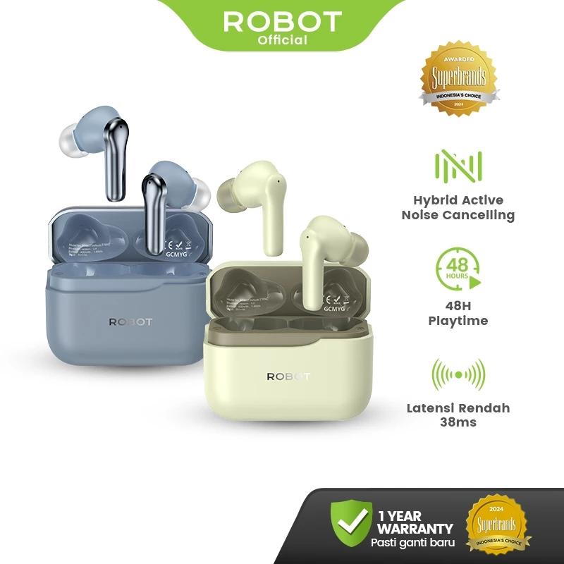ROBOT TWS Earbuds Wireless ANC ENC Canceling Noise Control T70NC Bluetooth 5.4 Original - Garansi Resmi 1 Tahun
