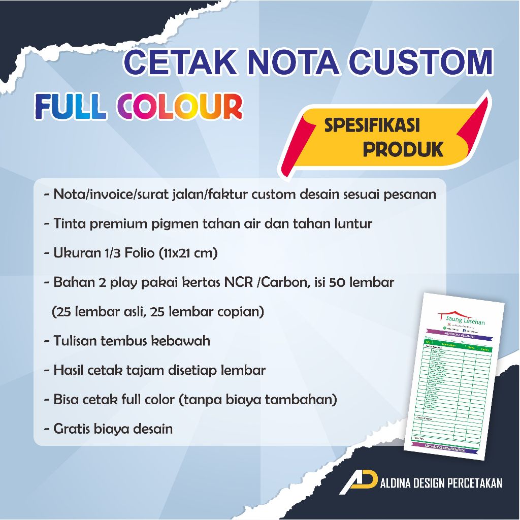Jual Promo Nota Kontan 2 ply Custom ukuran 1/3 Folio bahan NCR carbon ...
