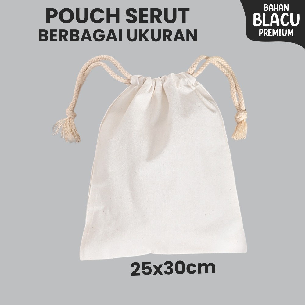 Jual Ready Stok Pouch Serut Blacu Polos Berbagai ukuran, Bahan