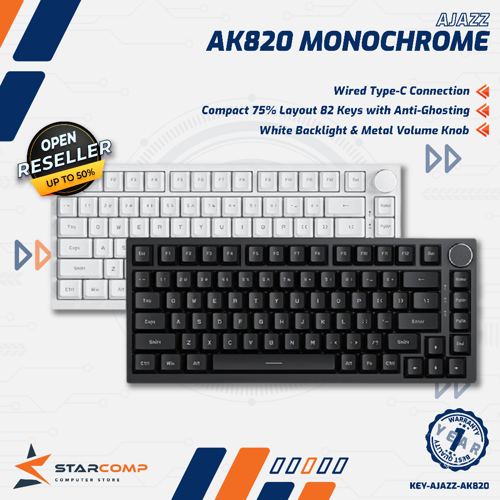 Jual AJAZZ AK820 Monochrome 75% Layout 82 Keys Anti Ghosting Metal Knob ...