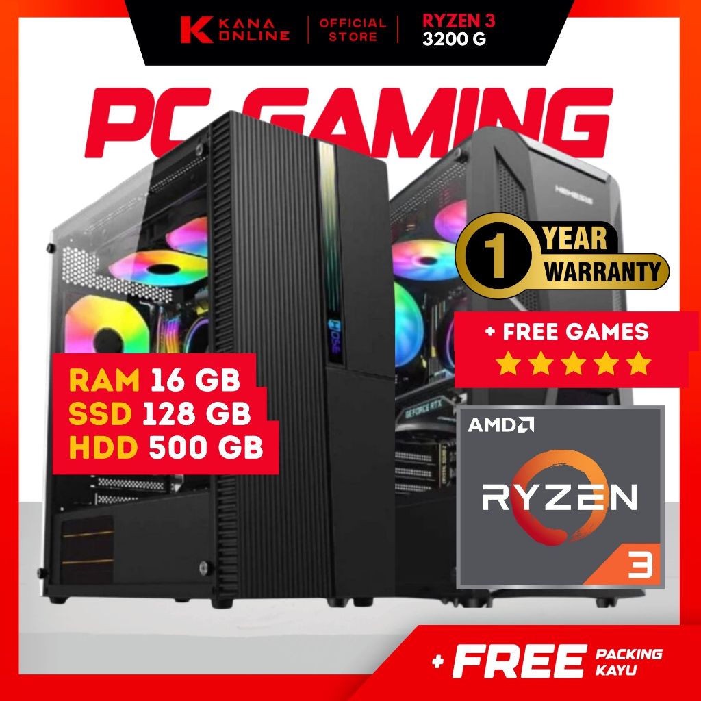 PC RAKITAN GAMING FULLSET AMD RYZEN 3 3200G  / RAM 16GB / SSD 128GB / HDD 500GB