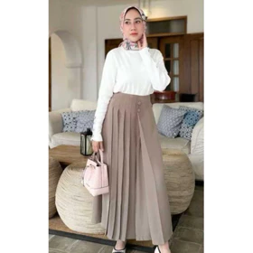 Cullote Pleats Celana Kulot Husna Kancing 2 Celana Wanita Highwaist Premium Rok Kulot Cellie