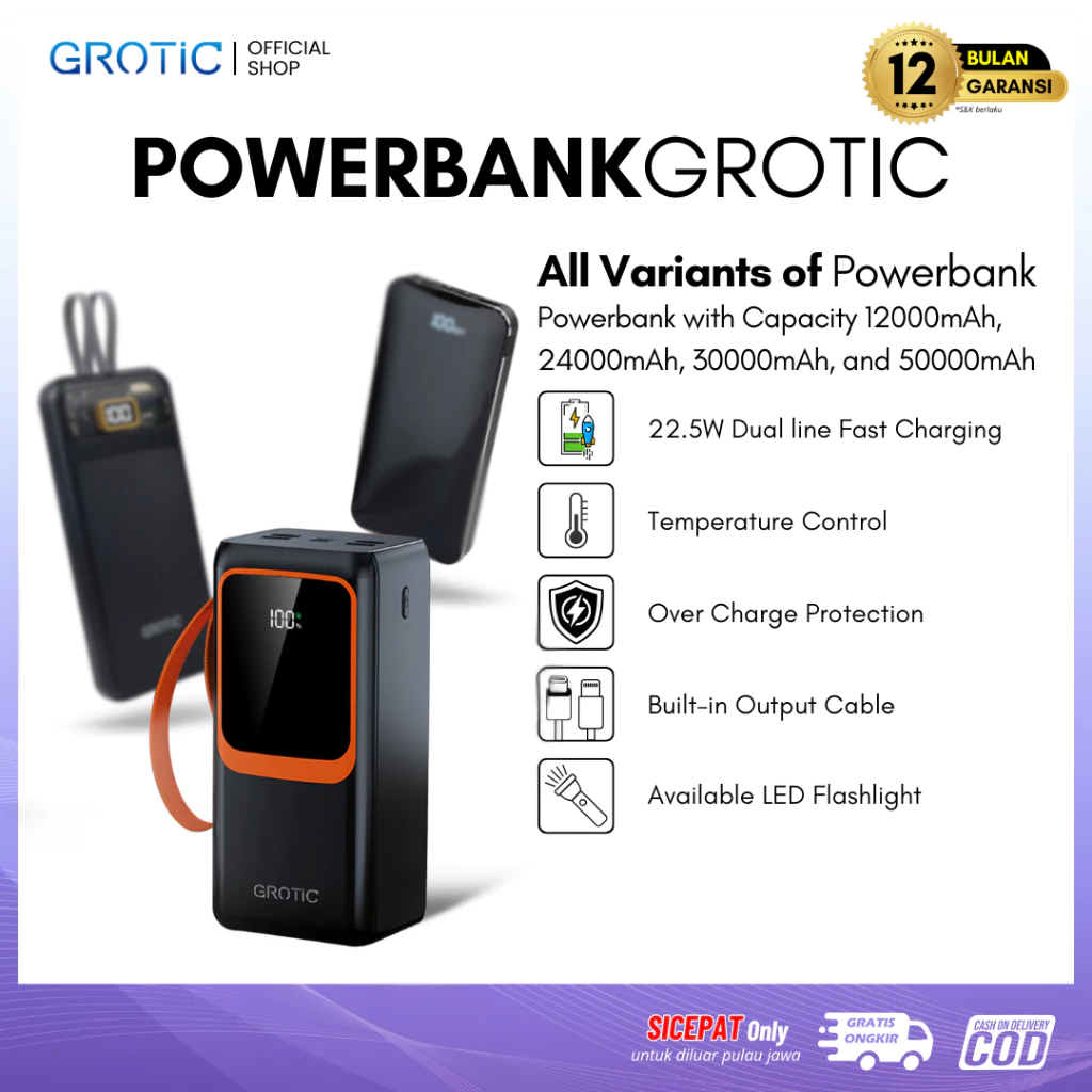 GROTIC Powerbank Fast Charging Capacity 50000mAh 24000mAh 12000mAh With LED Indikator