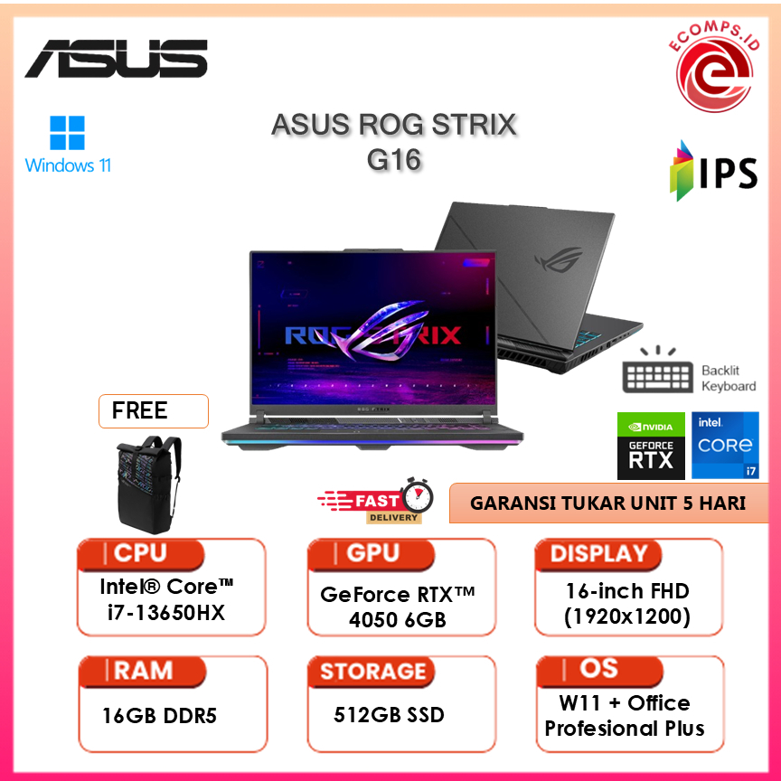 Jual ASUS ROG Strix G16 G614JU i7-13650HX RTX4050 16G 512G 16
