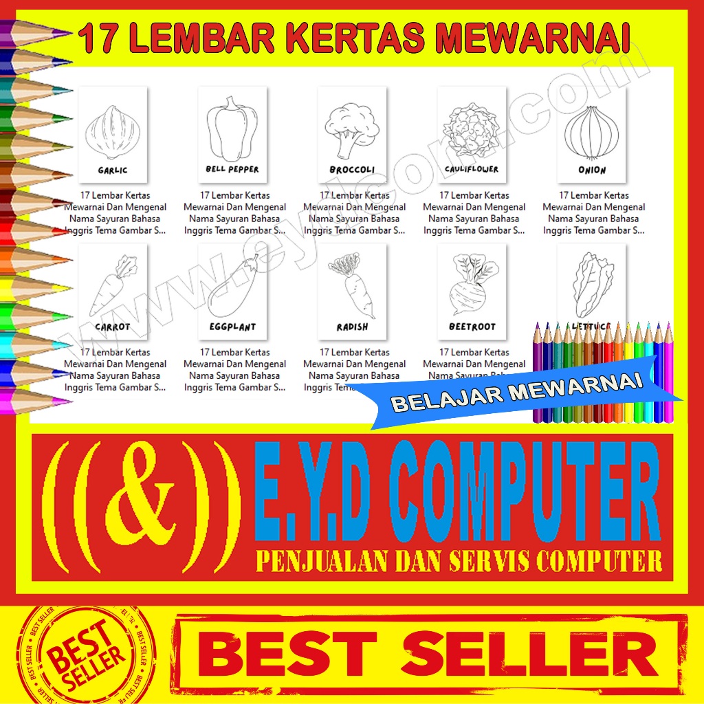 Jual 17 LEMBAR KERTAS MEWARNAI DAN MENGENAL NAMA SAYURAN BAHASA INGGRIS