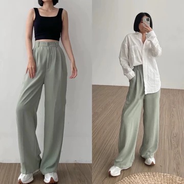 Loose Pants Trousers Wanita Highwaist Celana Kulot Kantor Anti Kusut Bahan Polyester BY Roliz