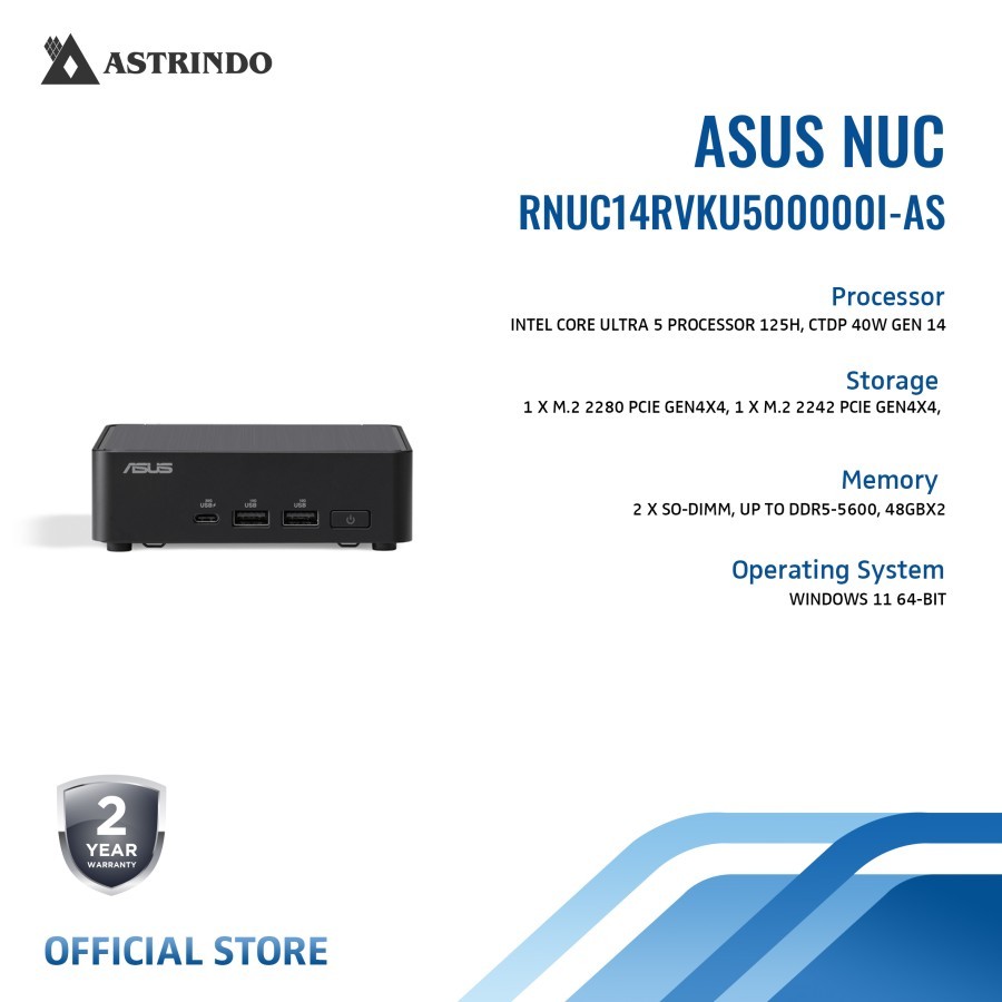 Asus NUC 14 Pro Mini PC 14RVKU500000I Intel Core Ultra 5 125H Gen 14 DDR5 Slim Chassis - Barebone (Kosongan)