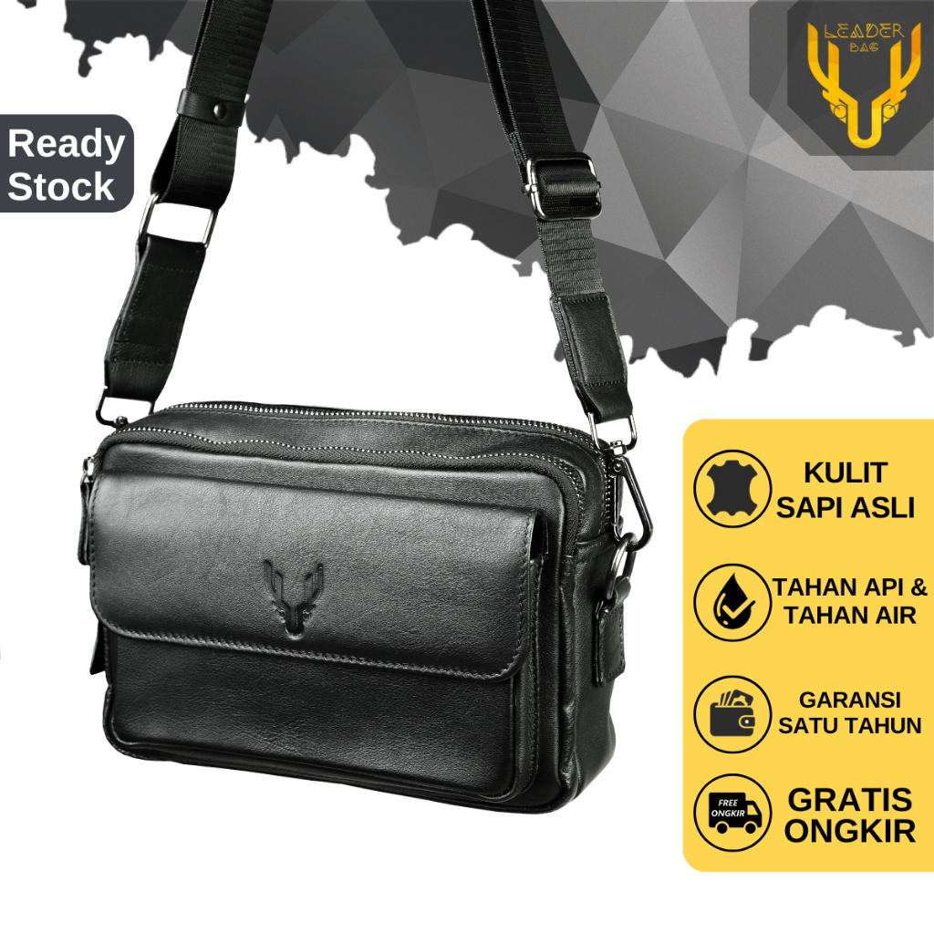 Jual Tas Selempang Pria Kulit Sapi Asli Leaderbag Hitam Waterproof ...