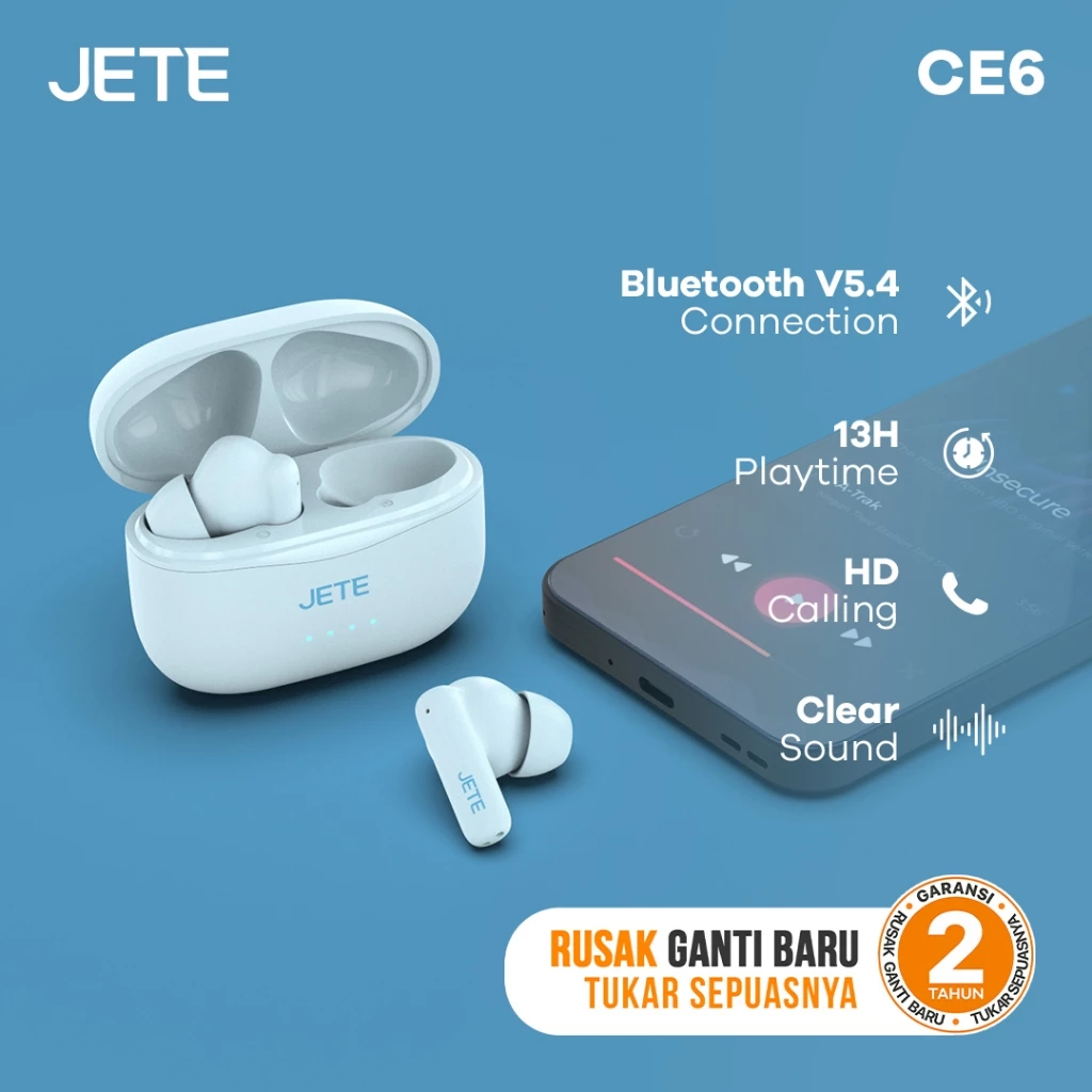 TWS Earphone Bluetooth JETE CE6 BT 5.4 13H Playtime - Garansi 2 Tahun