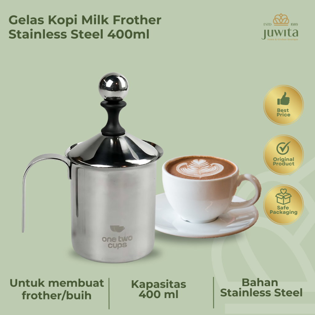 Gelas Kopi Milk Frother Stainless Steel 400 ml Pembuat Buih Susu One Two  Cups