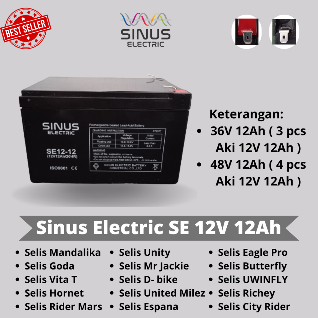 Jual AKI SEPEDA LISTRIK SELIS UNITY, VITA T, SELIS BUTTERFLY 12V 12Ah ...