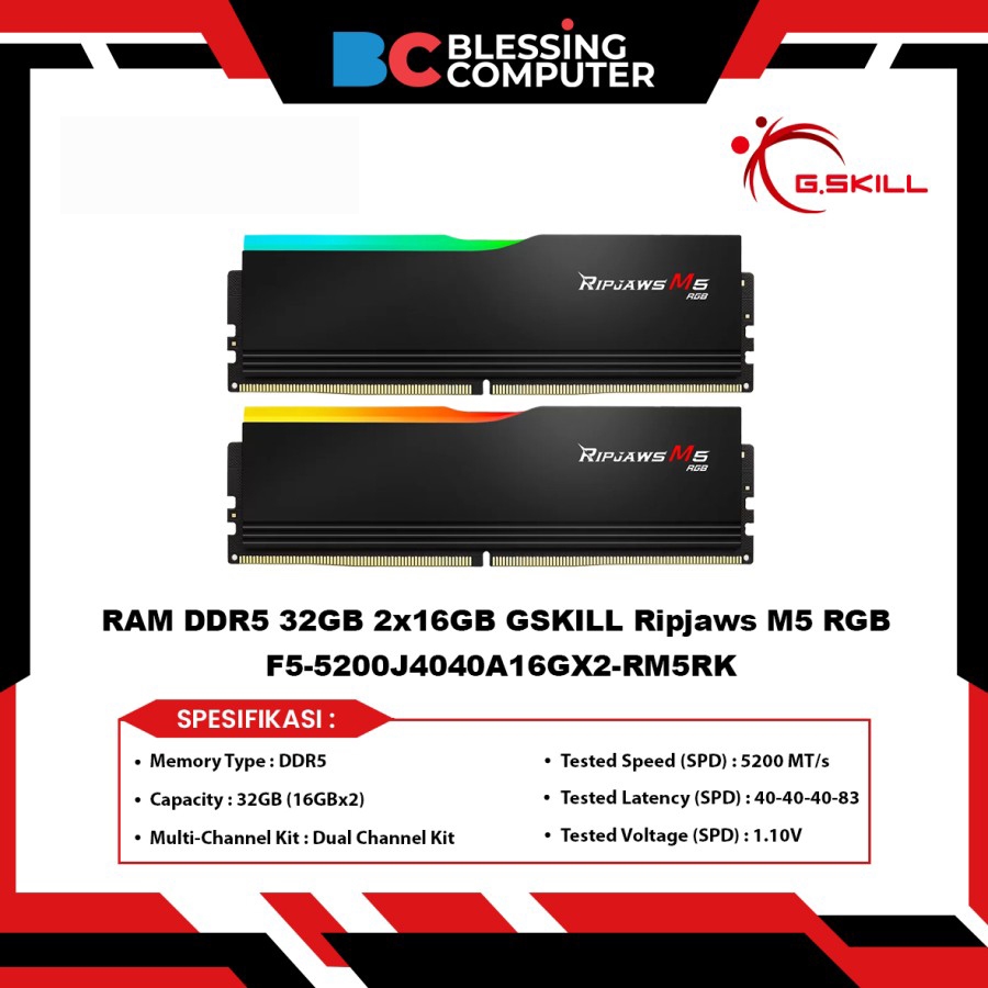 Memoria RAM G.Skill Ripjaws M5 RGB, DDR5 5200MHz, 32GB (2x16GB), Per PC Gaming E Workstation