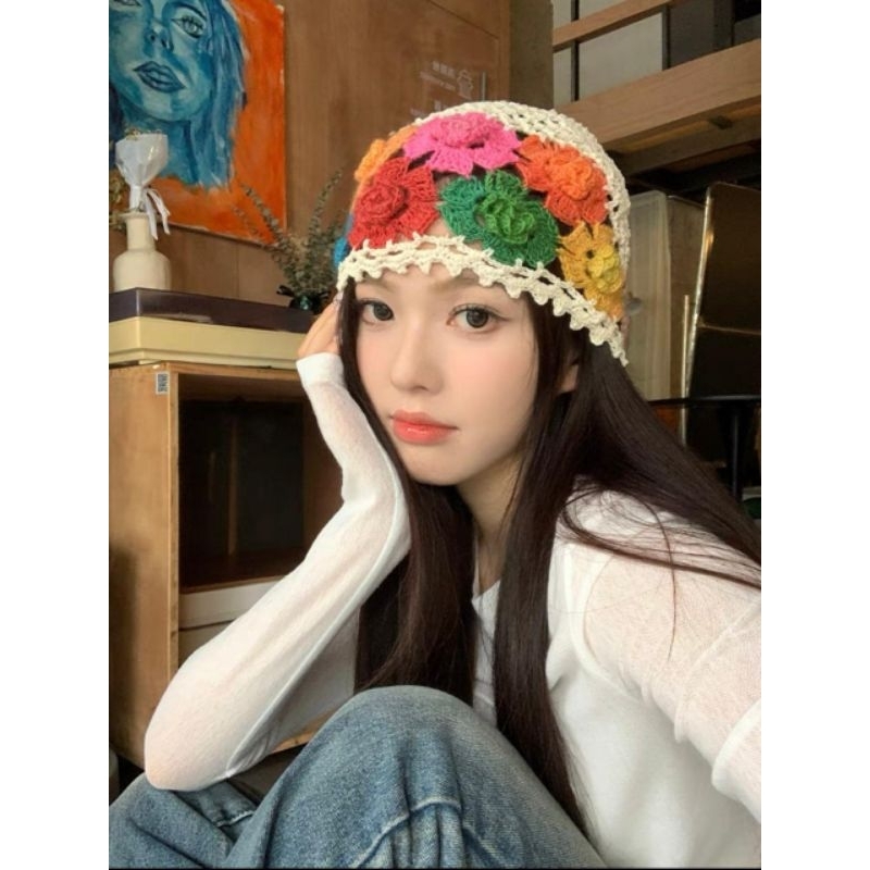 Jual Ir15A - Topi rajut bonnet bandana crochet headband bunga bohemian ...