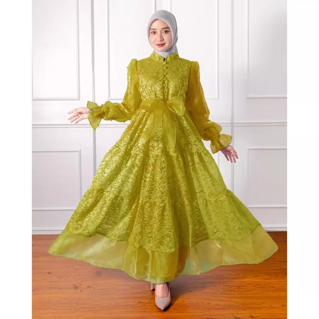 Gamis Moana Brukat Mix Organza Mutiara tampilan samping