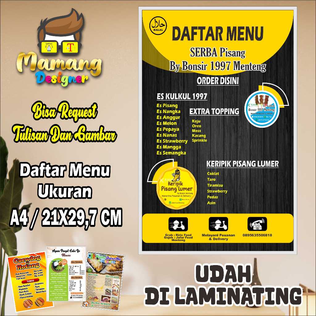 Jual Daftar Menu Bahan Kertas Laminating Es Kul Kul dan Keripik Pisang ...
