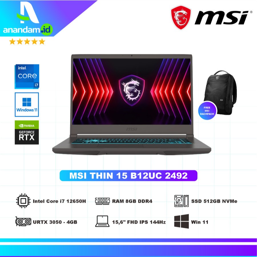 Jual MSI Thin 15 B12UC 2492 i7 12650H/8GB/512GB SSD/RTX3050 4GB/15.6 — free download