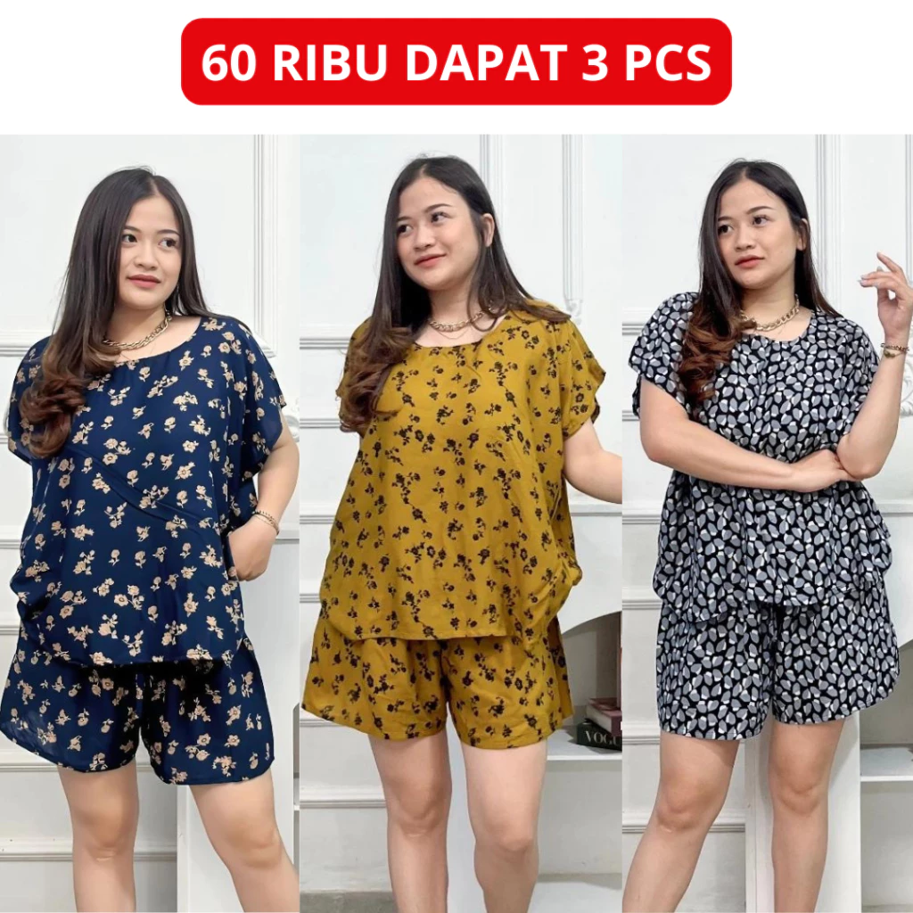 Paket Hemat 3 PCS Setelan One Set Baju Tidur Piyama Celana Pendek Bali | AutoStock