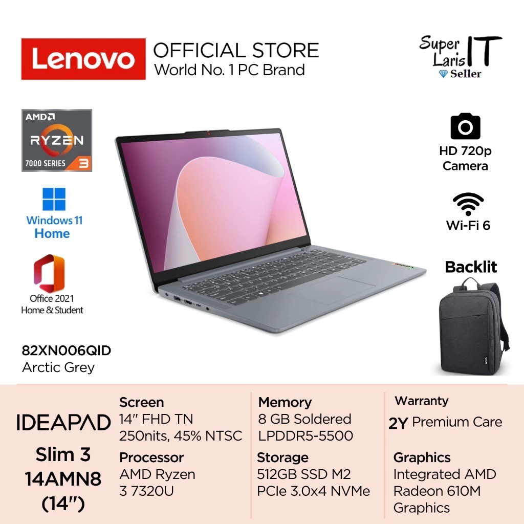Lenovo IdeaPad Slim 14AMN8 3LID 6QID 6RID R3 Ryzen 7320U ram 8GB ssd  512GB 14