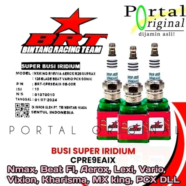 Busi racing super iridium BRT CPR9EAIX Nmax Beat FI Aerox Lexy Vario MX king Vixion kharisma supra X 125 spacy scoopy PCX ADV sonic CRF satria FU CPR9EAIX-9B